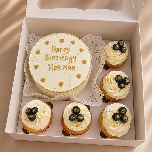 Gold Heart Birthday Bento Cake with Blueberry Cupcakes
