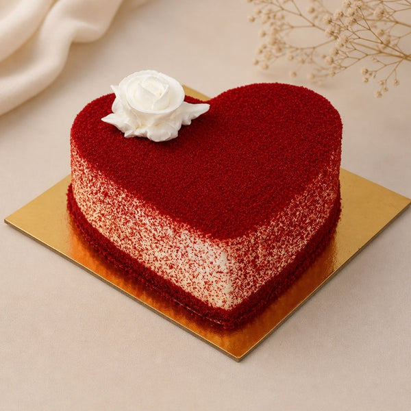 Heart-Shaped Red Velvet Cake with White Rose