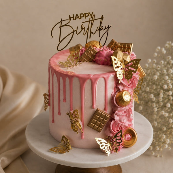 Pink Drip Birthday Cake with Gold Butterflies