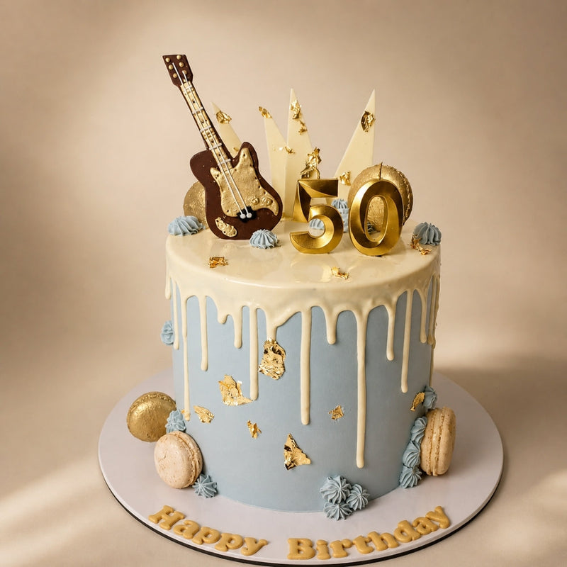 50th Birthday Blue Guitar & Macaron Drip Cake