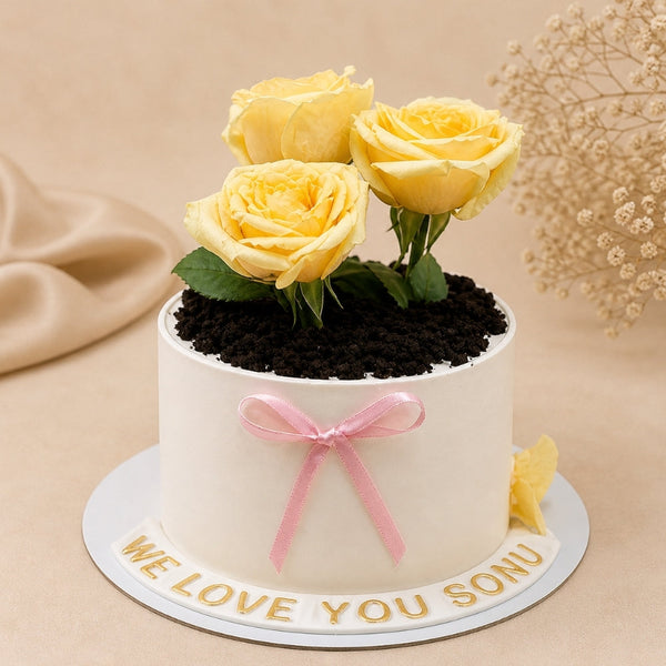 Fresh Yellow Rose Garden Pot Cake