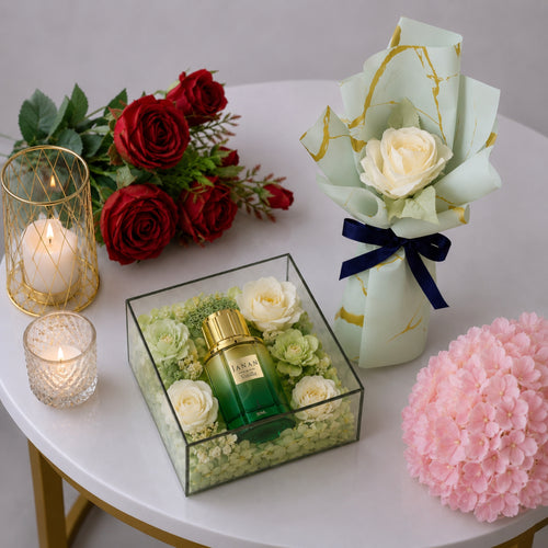 J. JANAN Perfume Gift Set with Green Dried Flowers and Cream Rose Mini Bouquet
