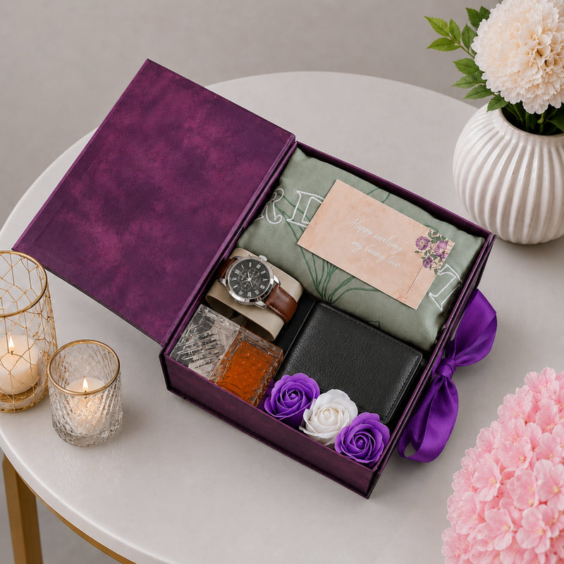 Anniversary Gift Box with Kurta Watch Perfume Wallet and Purple Roses