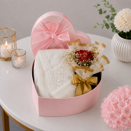 Pink Heart Box with White Outfit and Red Rose Mini Bouquet