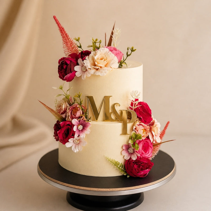 2-Tier Ivory Floral Monogram Wedding Cake