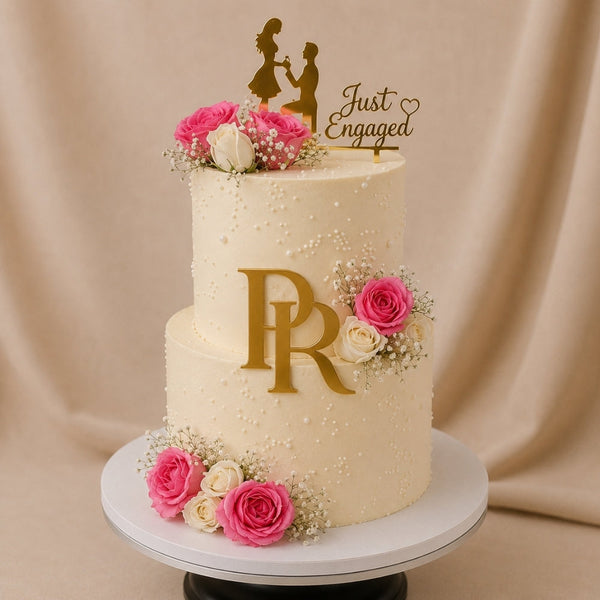 2-Tier Ivory Pearl Just Engaged Silhouette Cake