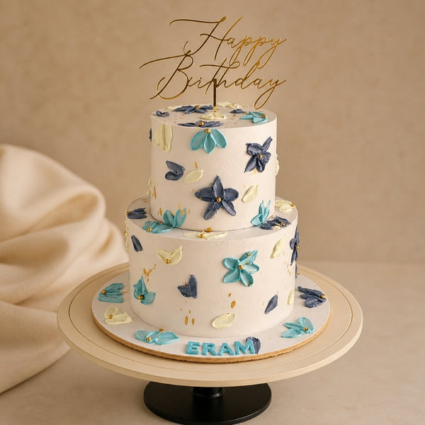 2-Tier Blue Floral Brush Birthday Cake