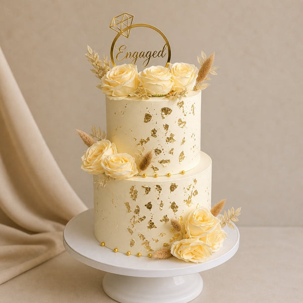 2-Tier Ivory Gold Leaf Engaged Diamond Ring Cake
