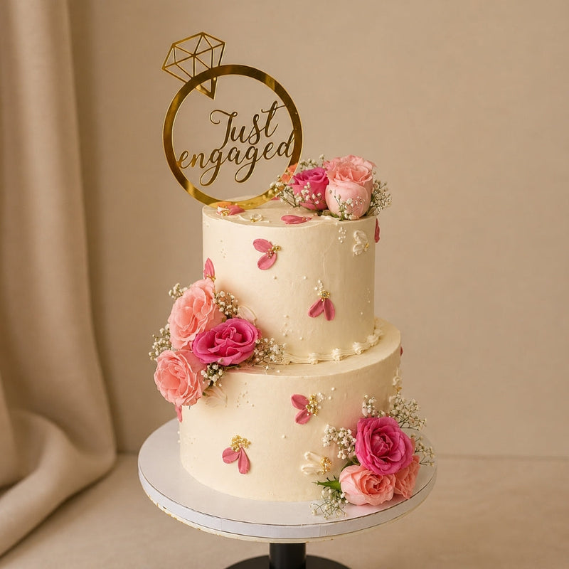 2-Tier Ivory Scattered Petal Just Engaged Cake