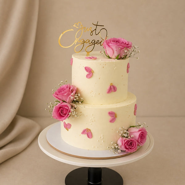 2-Tier Ivory Pink Rose Just Engaged Cursive Cake