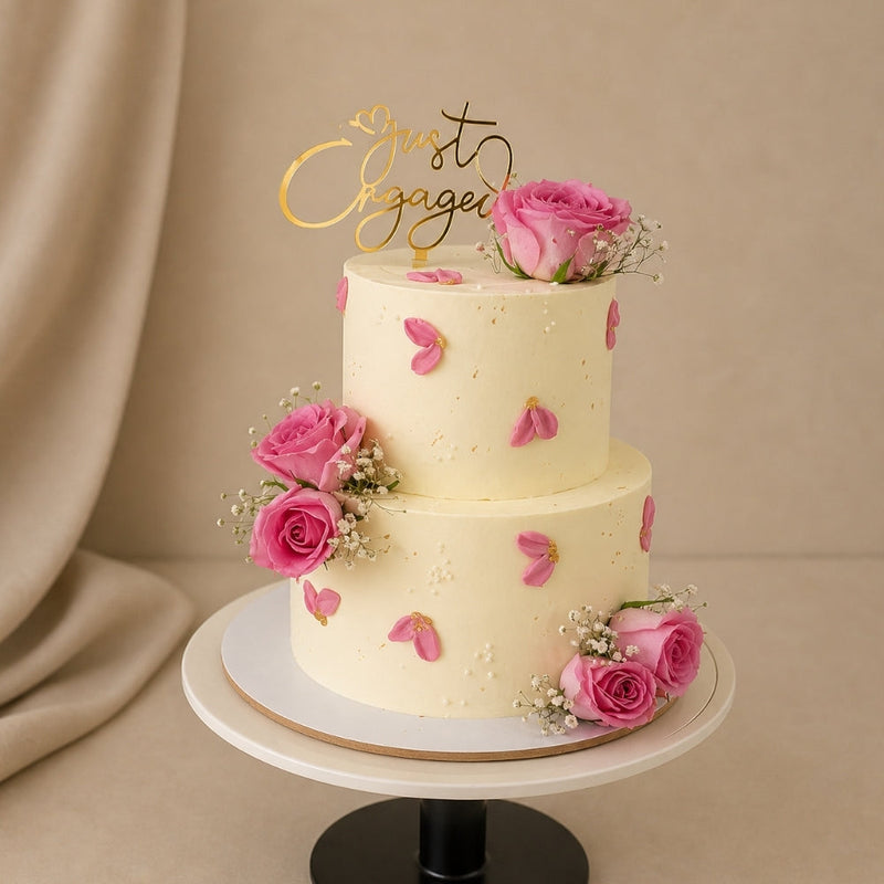 2-Tier Ivory Pink Rose Just Engaged Cursive Cake