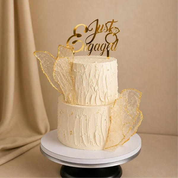 2-Tier White Ribbed Gold Crystal Engaged Cake
