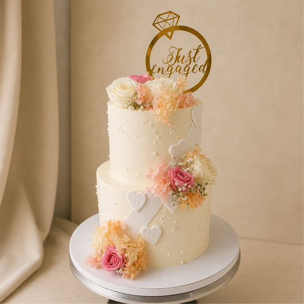 2-Tier Ivory Heart & Floral Just Engaged Cake