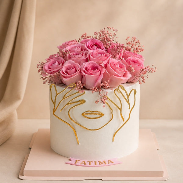 Gold Face Line Art Rose Birthday Cake