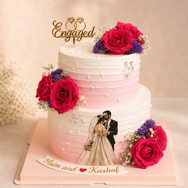2-Tier Pink Ombre Couple Illustration Engaged Cake
