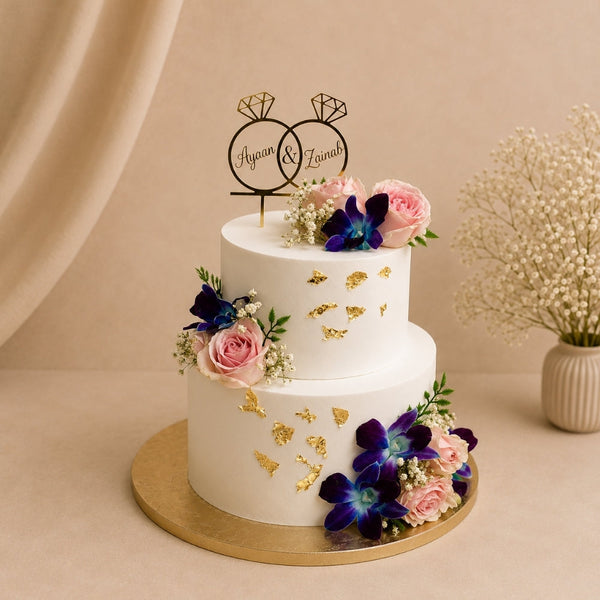 2-Tier White Gold Leaf Blue Orchid Engagement Cake