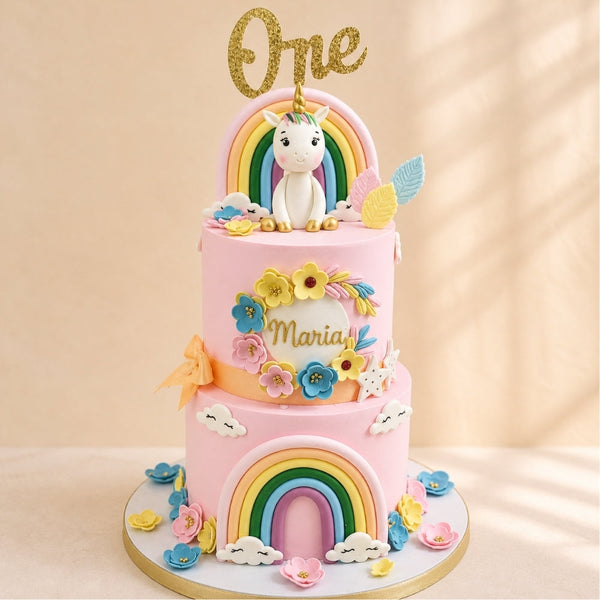 2-Tier Pink Unicorn Rainbow Fondant Birthday Cake