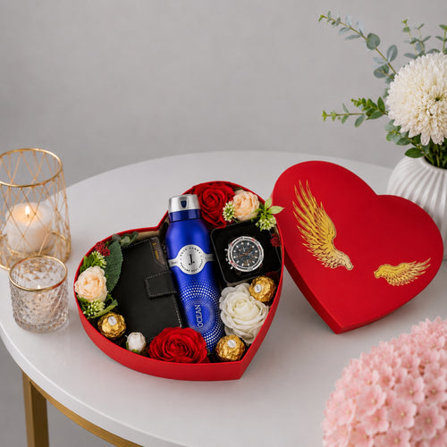 Men's Red Heart Gift Box with Watch Fogg Perfume, Wallet and Ferrero Rocher