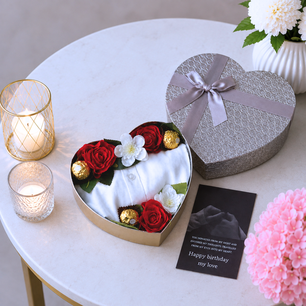 Men's Birthday Heart Box with White Kurta Roses and Ferrero Rocher
