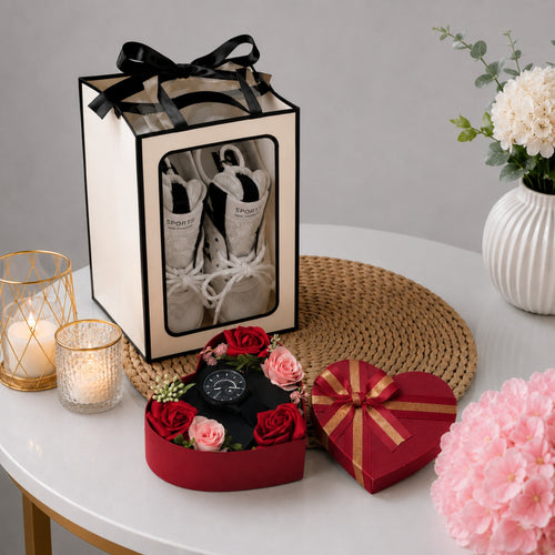 Men's Birthday Double Gift Set with Sports Sneakers Watch and Rose Heart Box