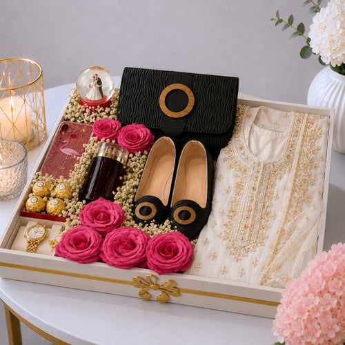 Bridal Wedding Gift Tray with Embroidered Outfit Clutch Shoes Watch and Snow Globe
