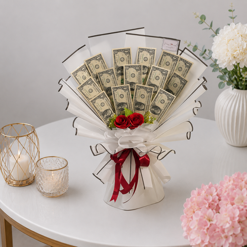 USD Dollar Money Bouquet with Red Roses