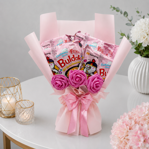 Buldak Ramen Snacks Bouquet with Pink Roses