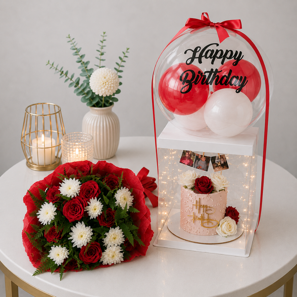 Birthday Balloon Cake Box with Roses and Chrysanthemum Bouquet