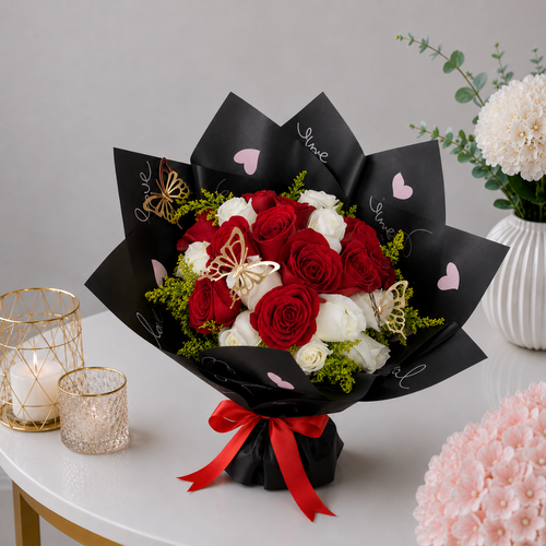 Artificial Red and White Rose Bouquet with Gold Butterflies