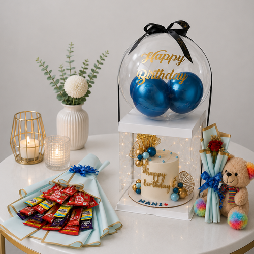 Luxury Birthday Balloon Cake Box with Chocolates and Teddy Bear