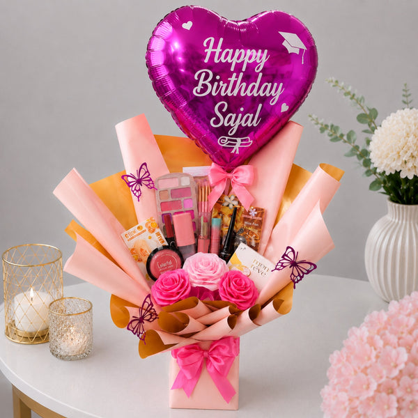 Birthday Beauty Accessories Bouquet with Personalised Heart Balloon and Pink Roses