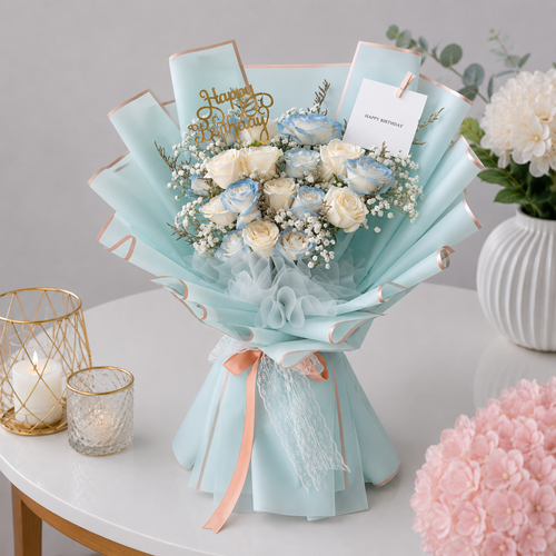 Happy Birthday Blue Rose Bouquet with Birthday Card