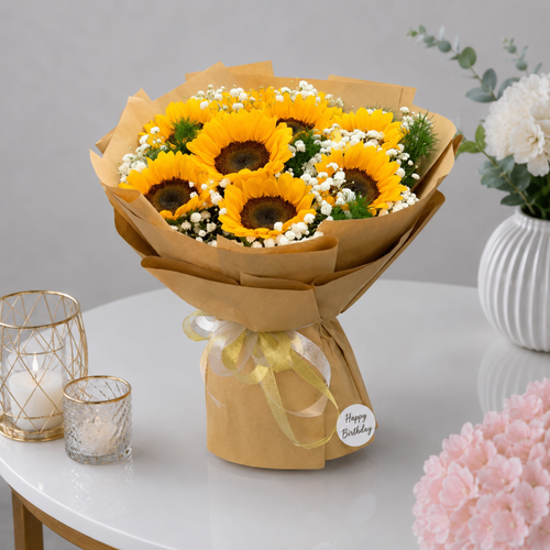 Sunny Sunflower Birthday Bouquet with Baby Breath