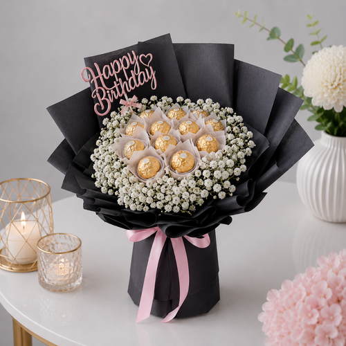 Black Wrap Happy Birthday Ferrero Rocher Rose Bouquet