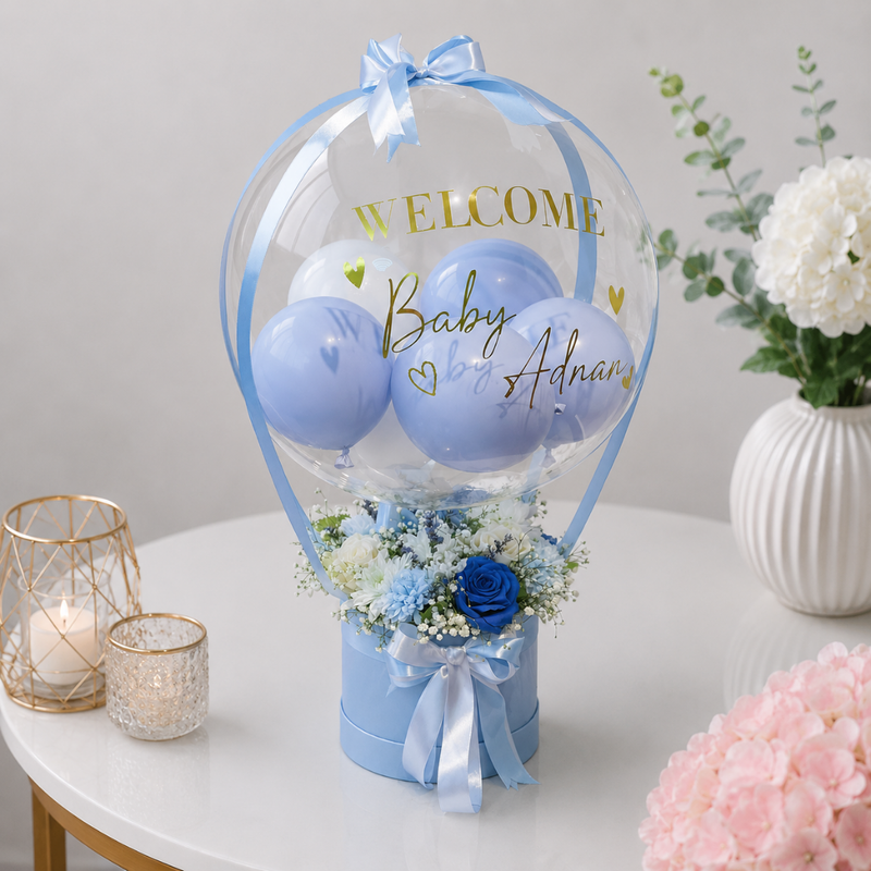 Welcome Baby Balloon Box with Blue Roses