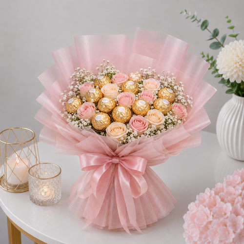 Pink Organza Ferrero Rocher Peach Rose Satin Bouquet