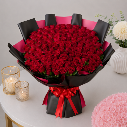 100 Red Roses Black Pink Double Wrap Grand Bouquet