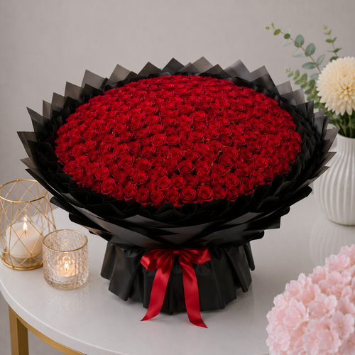 200 Red Roses Dramatic Black Petal Wrap Grand Bouquet