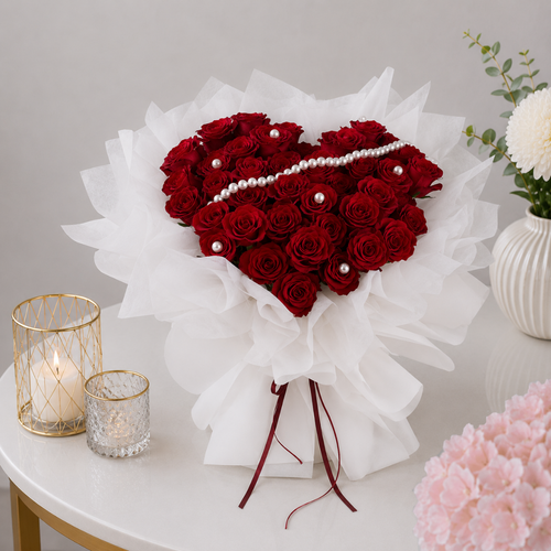 Artificial Heart Shaped Red Rose Pearl Strand White Organza Bouquet