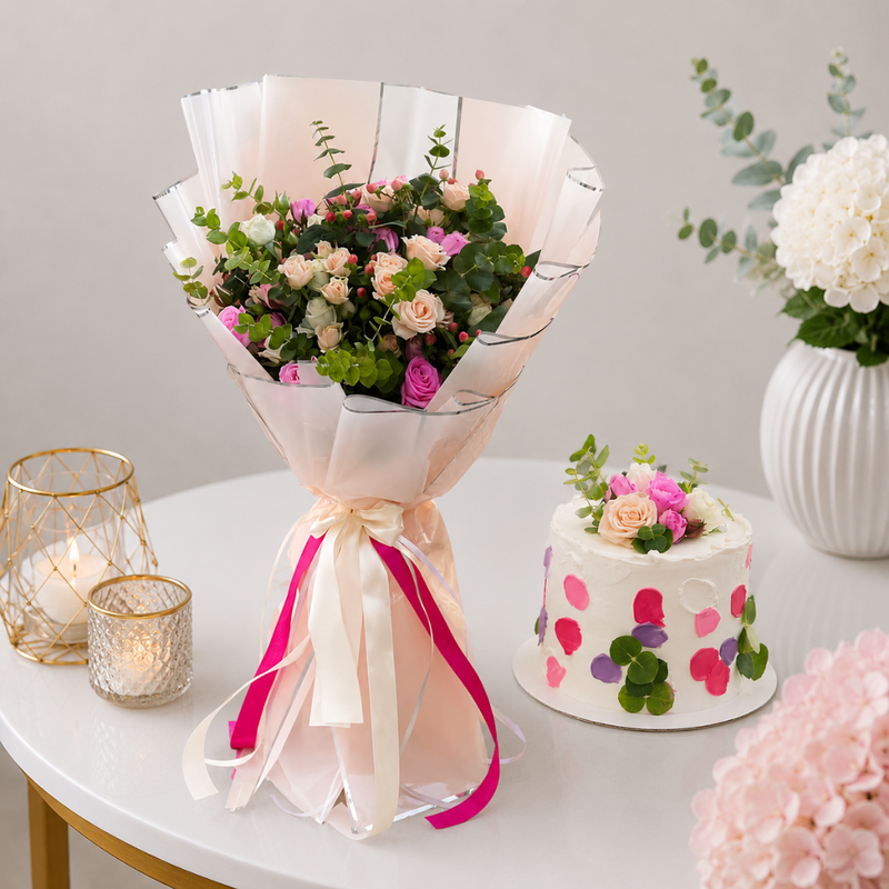 Romantic Mixed Rose Bouquet with Celebration Cake