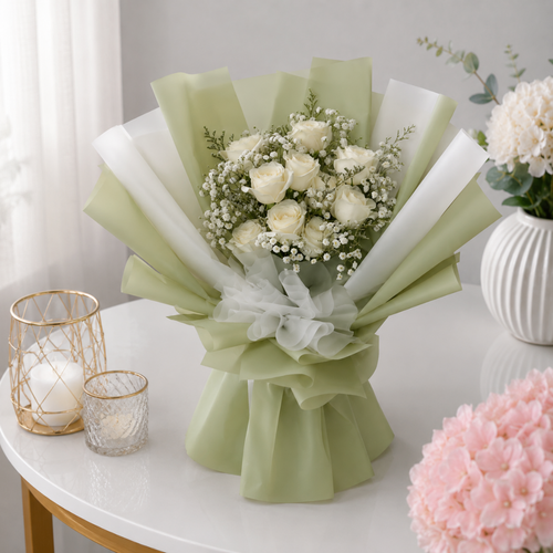 Artificial White Rose Bouquet in Sage Green and Ivory Wrap