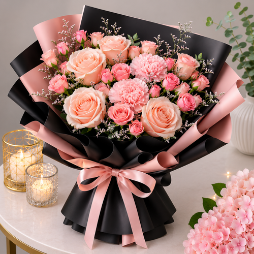 Peach Rose and Pink Carnation Artificial Luxury Bouquet