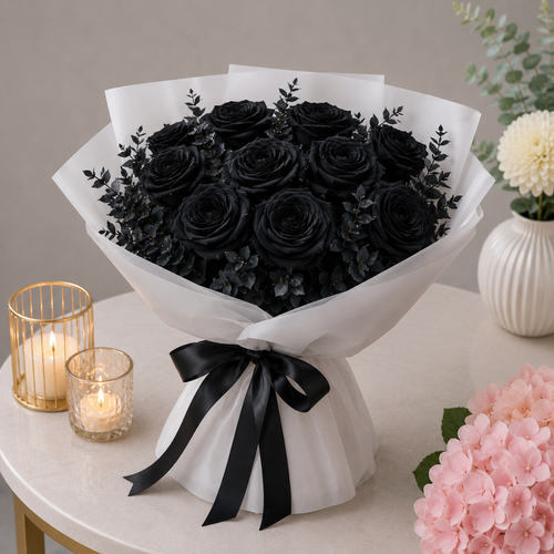 Black Artificial Rose Bouquet in White Wrap with Dark Eucalyptus