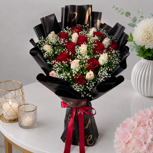 Red and White Rose Bouquet Black Wrap