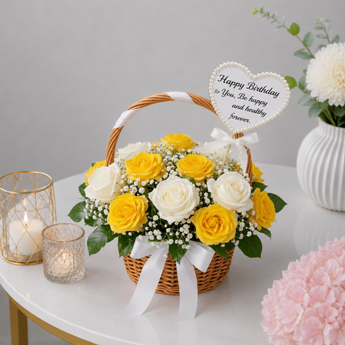 Happy Birthday Yellow and White Rose Basket