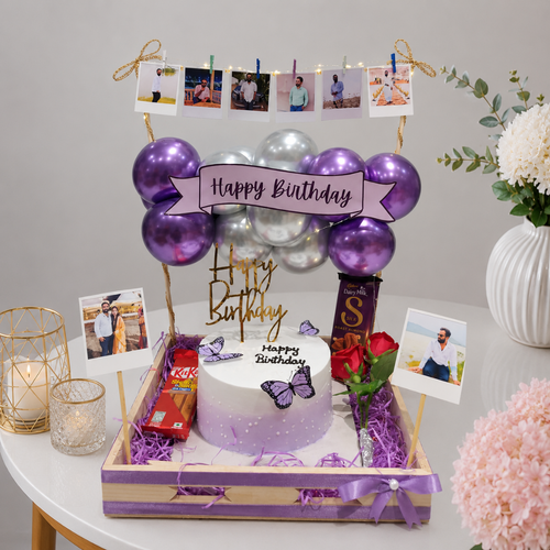Purple Birthday Cake Tray with Photo Banner and Chocolates