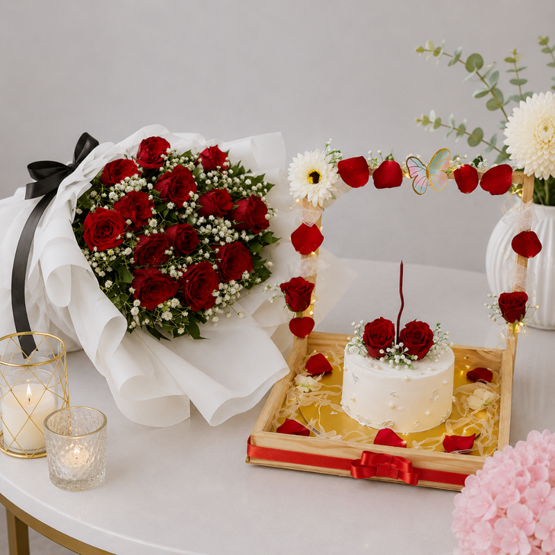 Red Rose Bouquet and Petal Arch Cake Gift Set