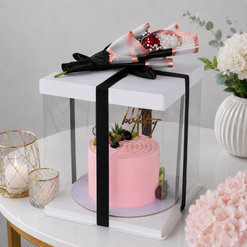 Birthday Cake Box with Mini Rose Bouquet Topper