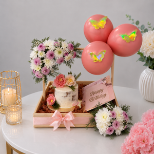 Rustic Birthday Cake Tray with Mums and Peach Balloons