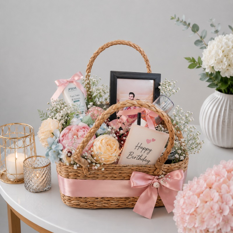 Birthday Keepsake Basket with Skincare Flowers and Photo Frame